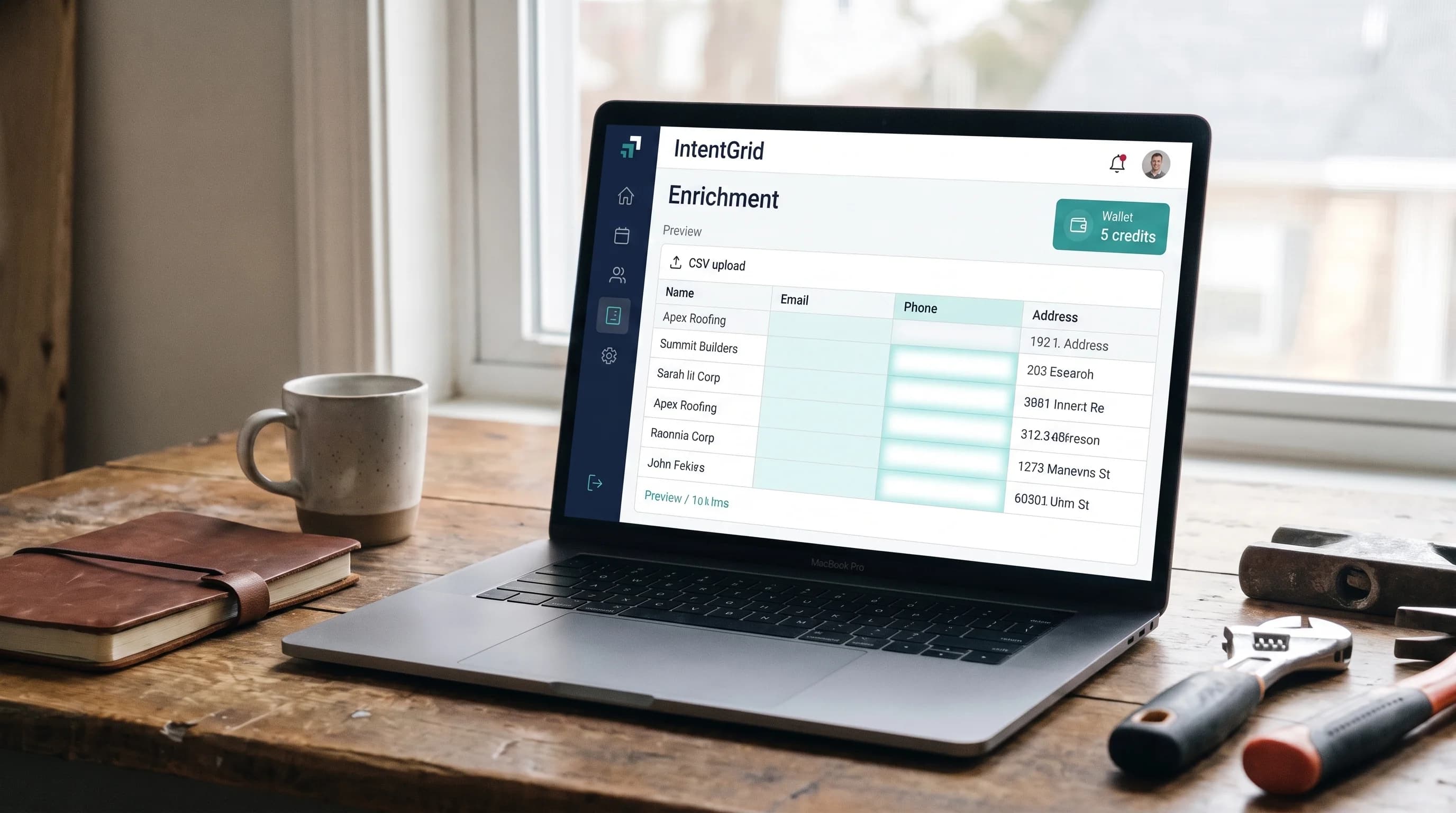 IntentGrid Enrichment on a contractor workbench — CSV mapping and contact fields filling in the product UI