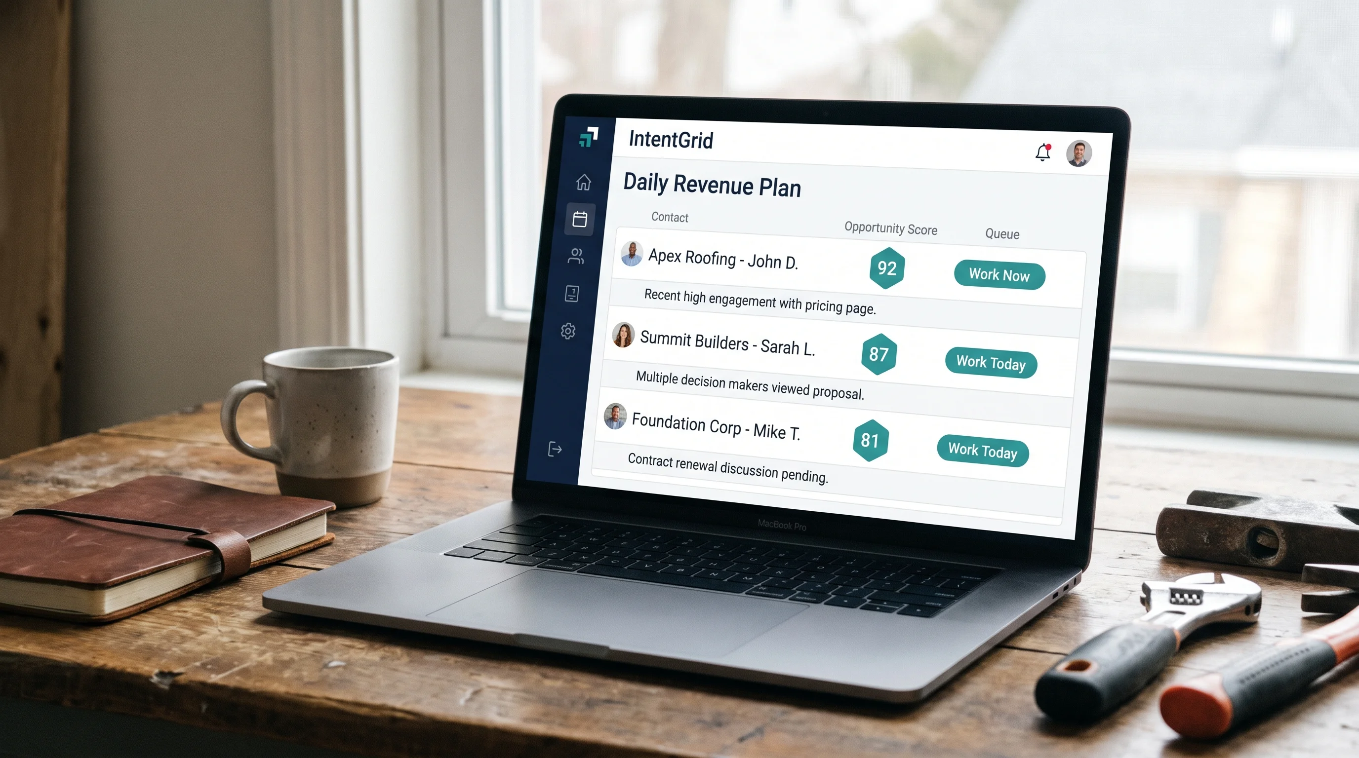 IntentGrid Daily Revenue Plan showing ranked contacts, Opportunity Scores, and work queues